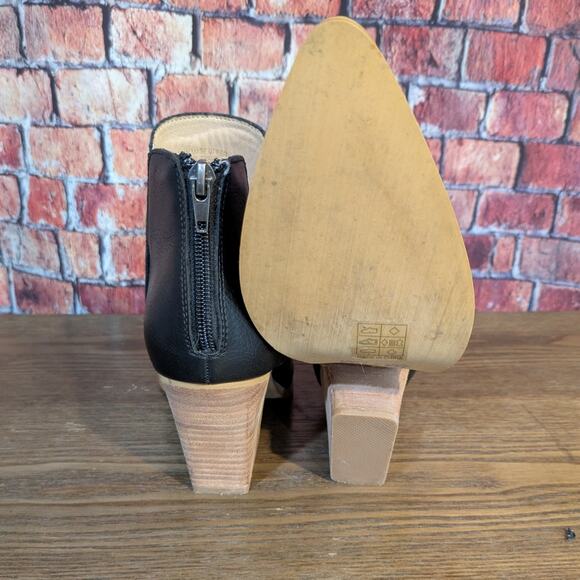 MI IM Pointed Toe Black Leather Cutout Ankle Stacked Block Heel Booties 9 - Picture 8 of 8